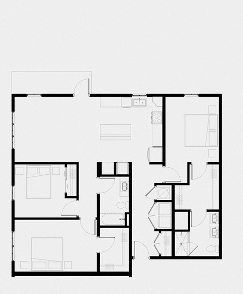 A black and white image of a floor plan with multiple rooms.